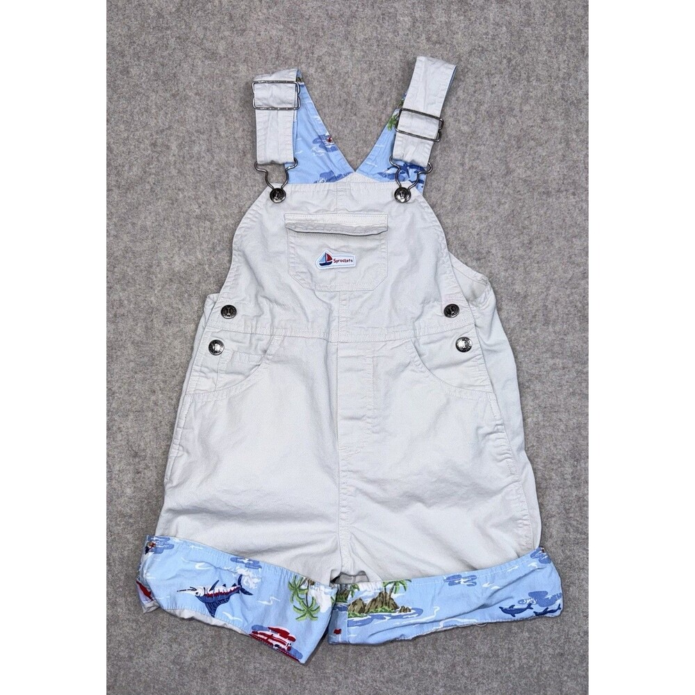 Sprockets Boys Size 4T Khaki Overalls With Beach Shark Theme